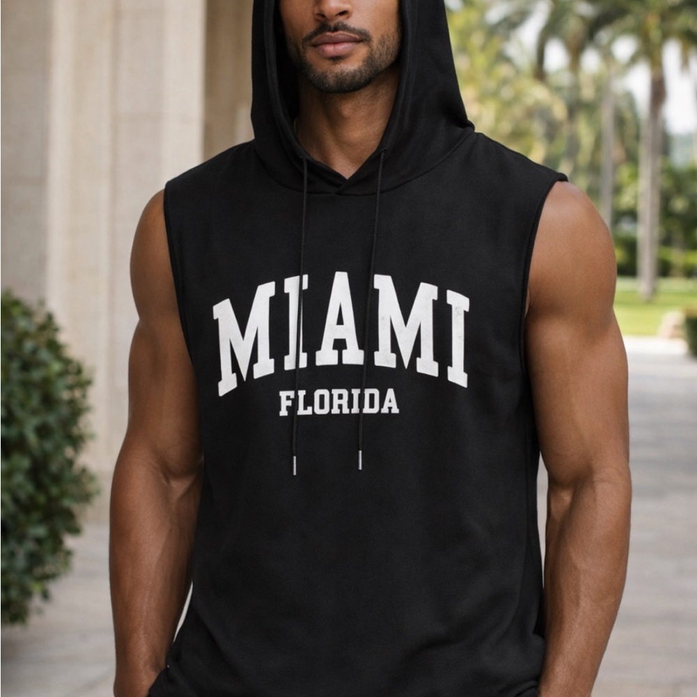 Black Sleeveless Hoodie with Miami Print